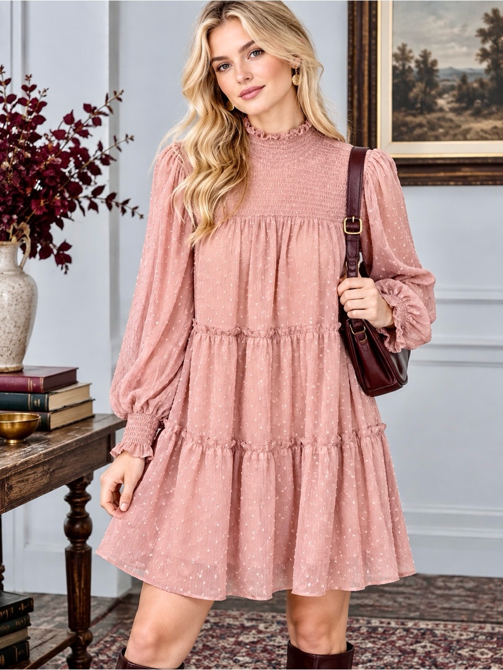 Blush Pink Dress Swiss Dot Smocked Tiered Cottagecore Romantic Prairie XL